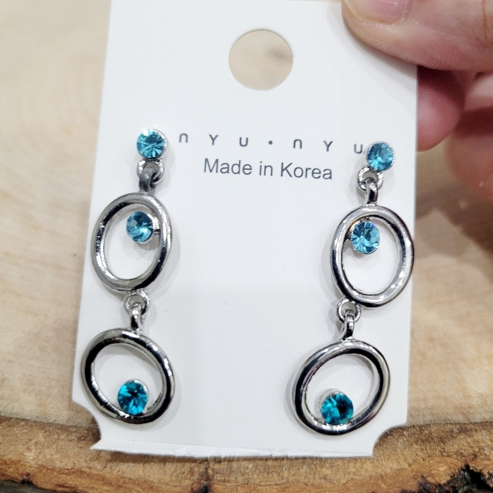 Brand New Silver Tone Blue Rhinestone Earrings